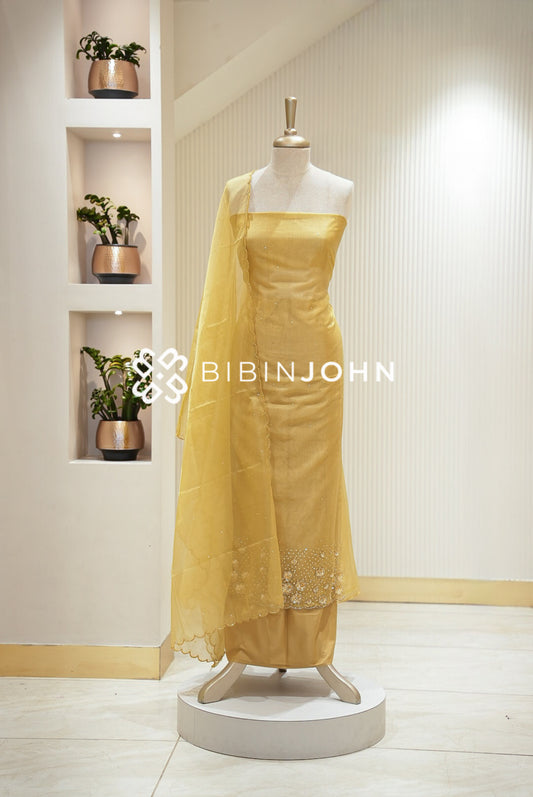 Organza Embroidery Unstitched Salwar Suit Material Mustard Gold 