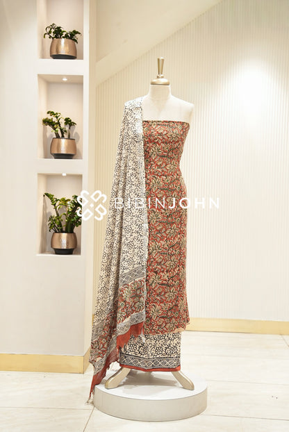 Cotton Linen Batik Printed Unstitched Salwar Suit Material Rust Orange