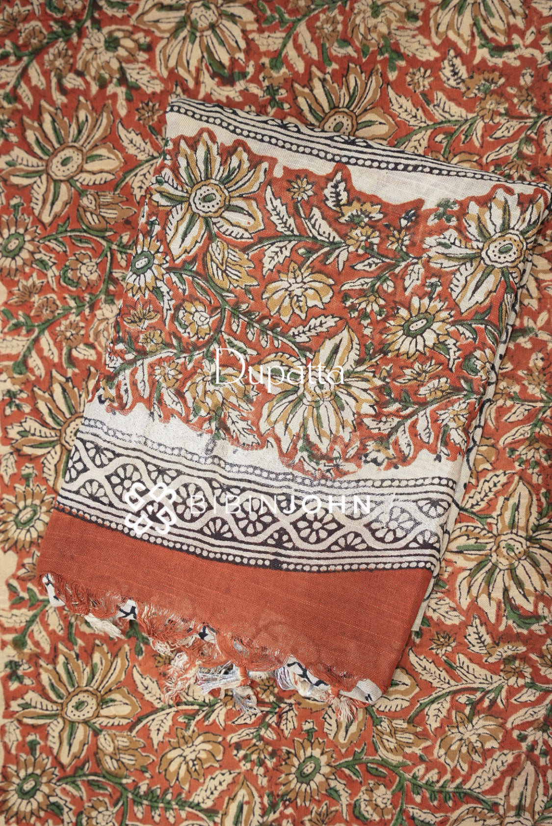 Cotton Linen Batik Printed Unstitched Salwar Suit Material Rust Orange dupatta