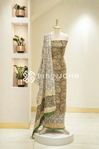 Cotton Linen Batik Printed Unstitched Salwar Suit Material Olive Green