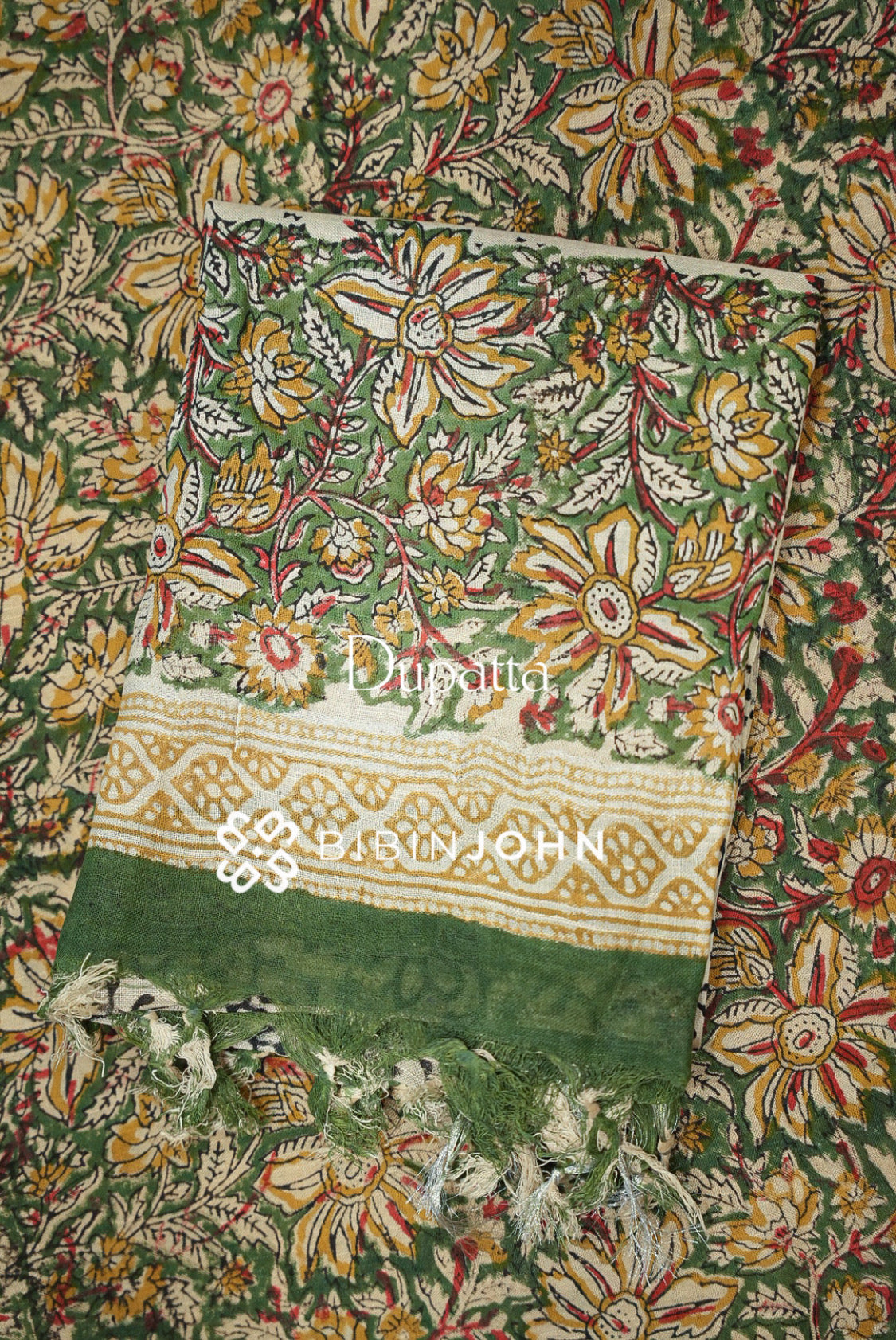 Cotton Linen Batik Printed Unstitched Salwar Suit Material Olive Green DUPATTA