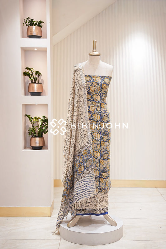 Cotton Linen Batik Printed Unstitched Salwar Suit Material Royal Blue