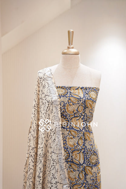Cotton Linen Batik Printed Unstitched Salwar Suit Material Royal Blue CLOSE VIEW