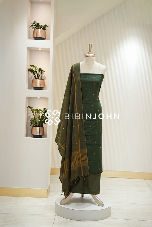 Cotton Unstitched Salwar Suit Material Deep Bottle Green 