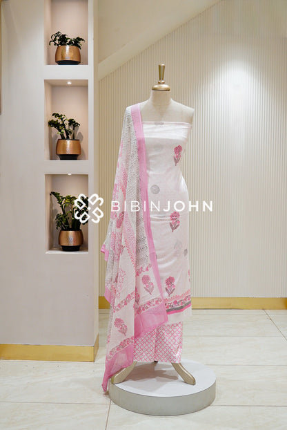 Printed Cotton Unstitched Salwar Suit Material white 