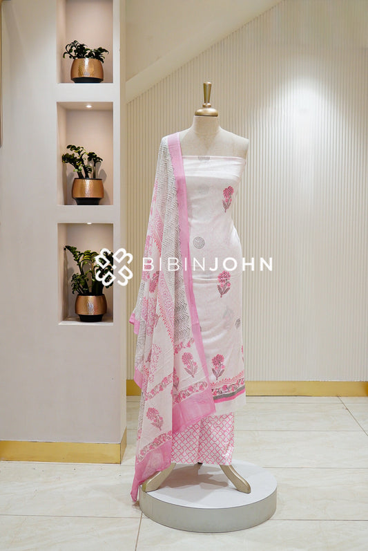 Printed Cotton Unstitched Salwar Suit Material white 