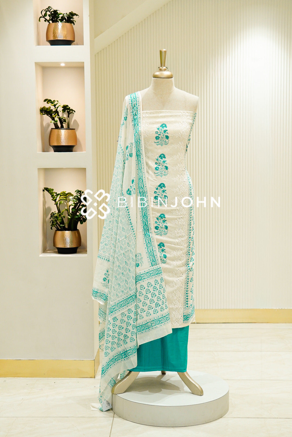 Printed Cotton Unstitched Salwar Suit Material Ivory