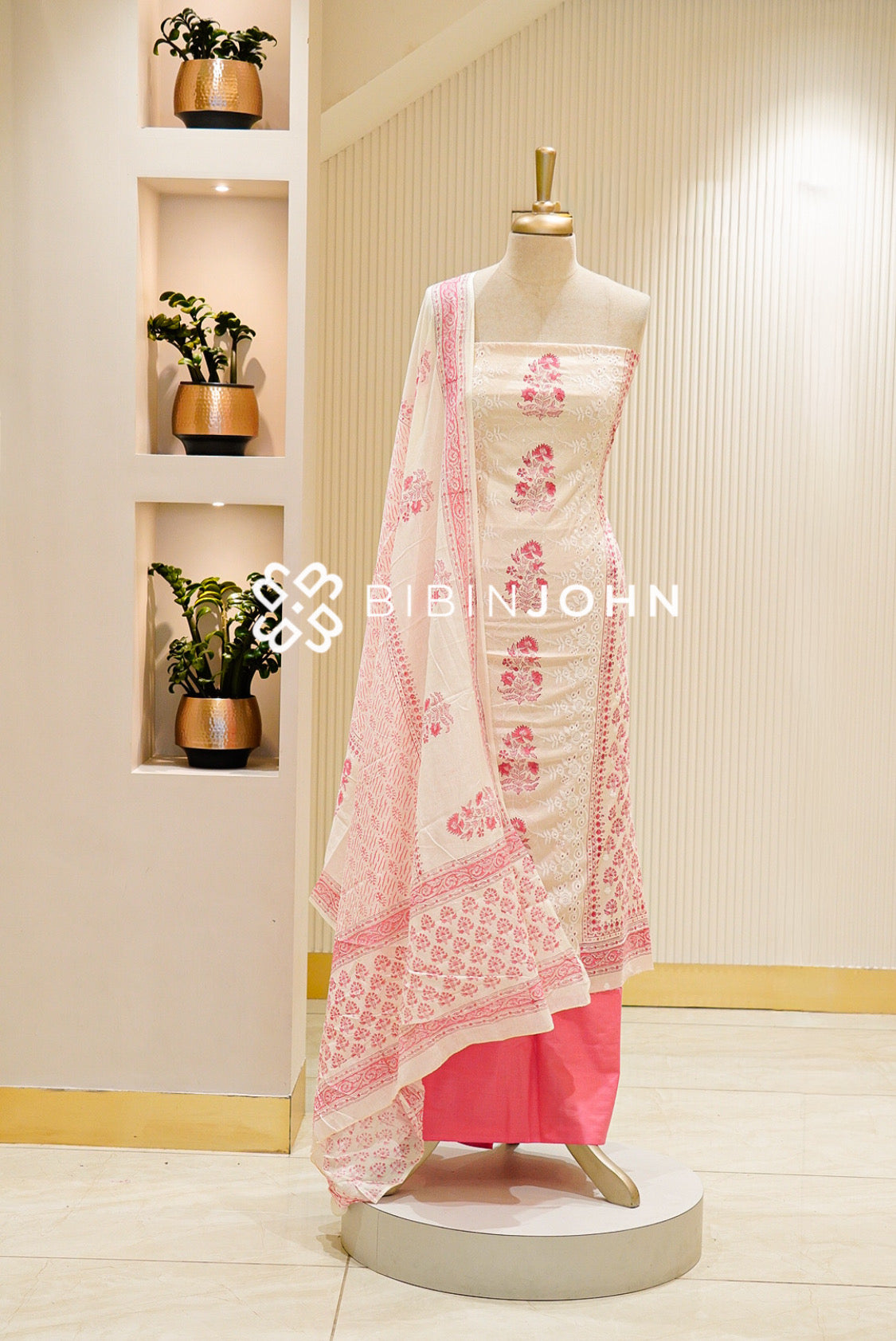 Printed Cotton Unstitched Salwar Suit Material Ivory 