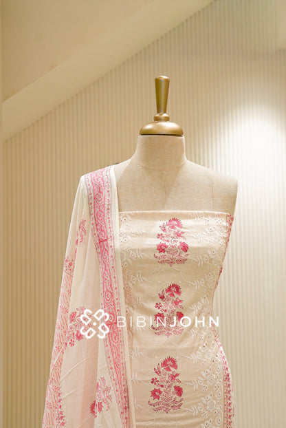 Printed Cotton Unstitched Salwar Suit Material Ivory CLOSE VIEW