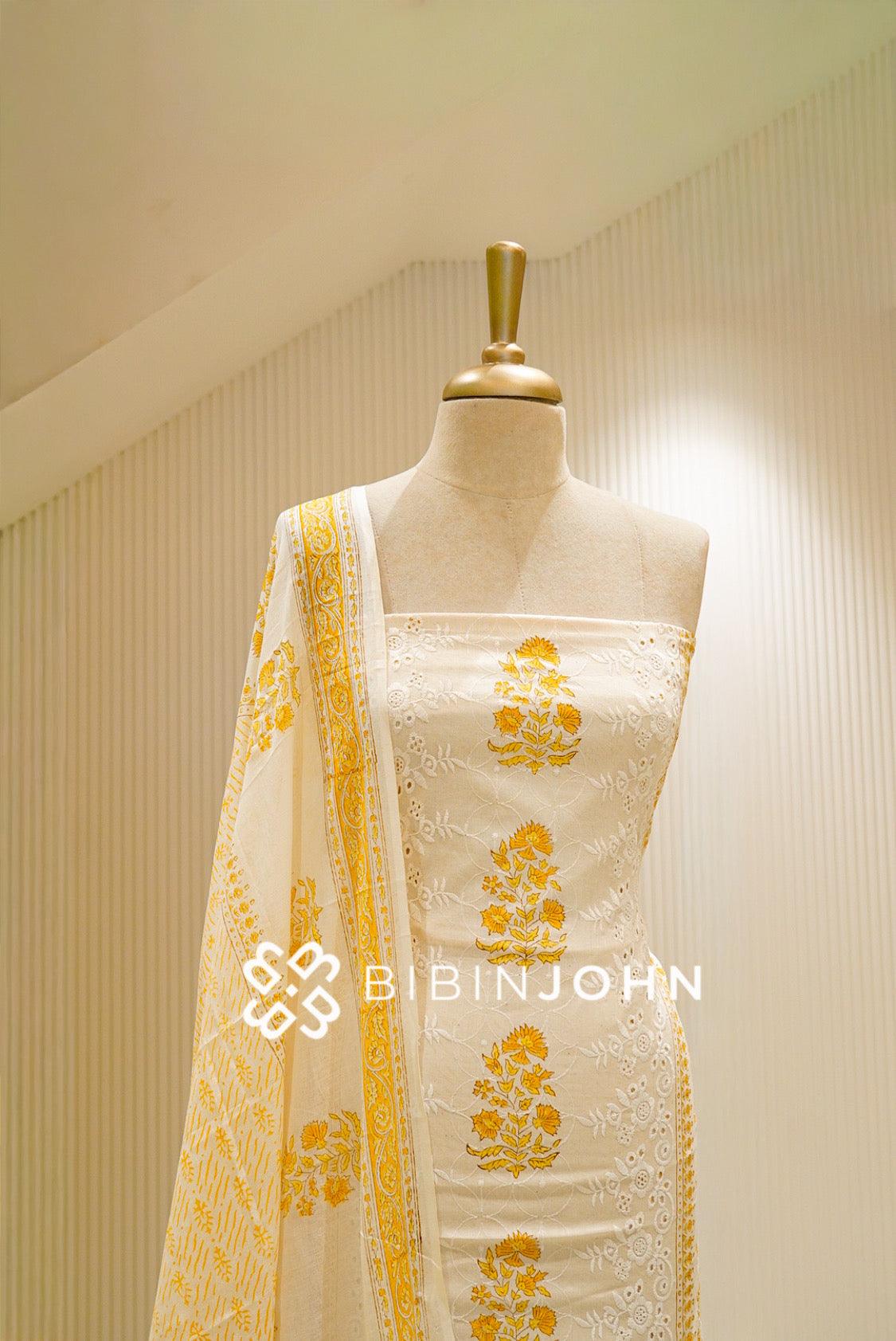 Printed Cotton Unstitched Salwar Suit Material Ivory With Mustard Yellow  CLOSE VIEW