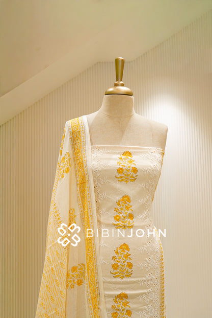 Printed Cotton Unstitched Salwar Suit Material Ivory With Mustard Yellow  CLOSE VIEW