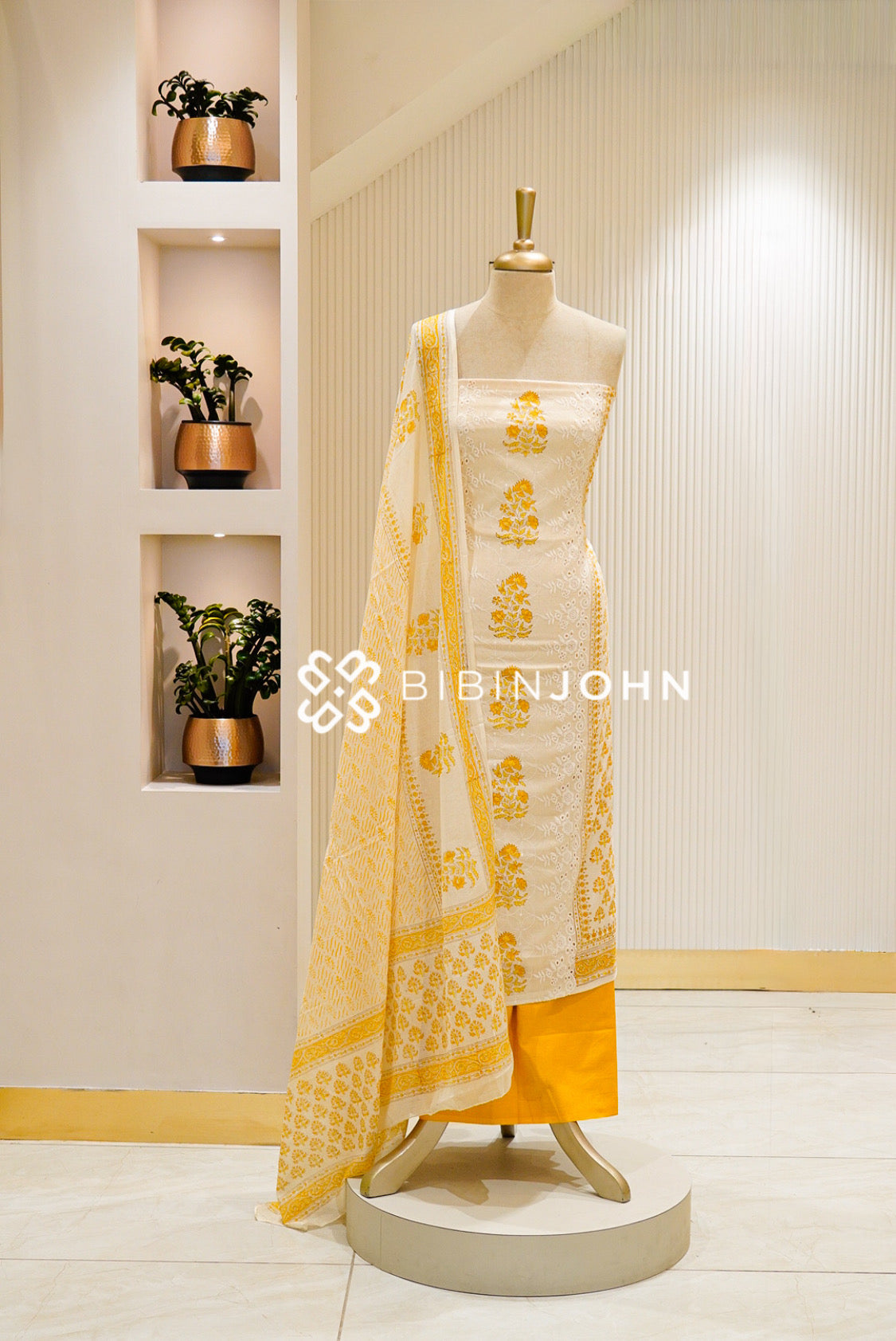 Printed Cotton Unstitched Salwar Suit Material Ivory With Mustard Yellow 