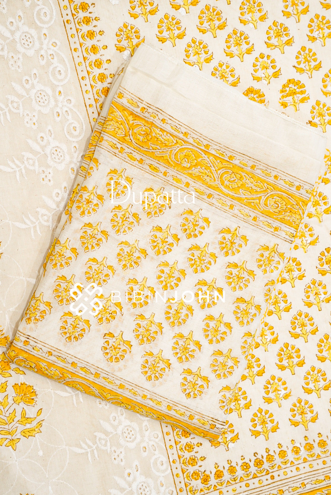 Printed Cotton Unstitched Salwar Suit Material Ivory With Mustard Yellow  DUPATTA