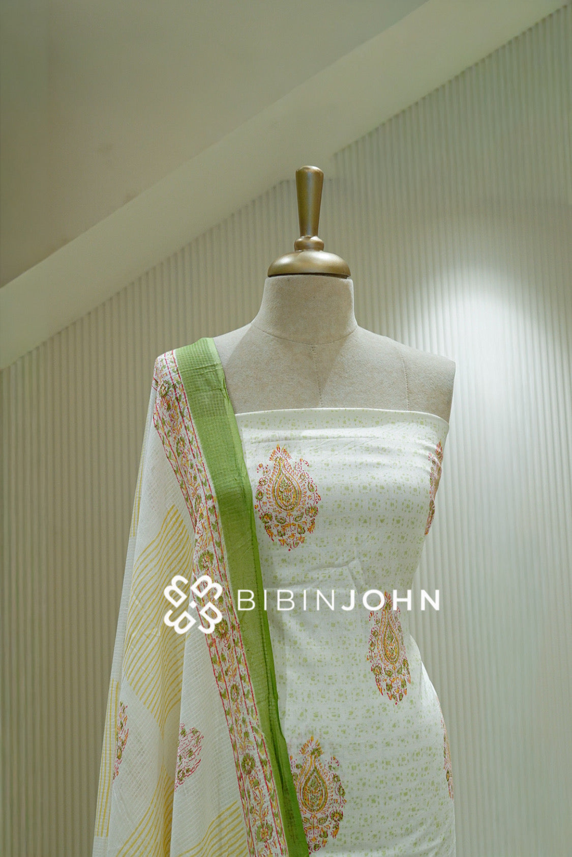 Printed Cotta Unstitched Salwar Suit Material Ivory With Green CLOSE VIEW