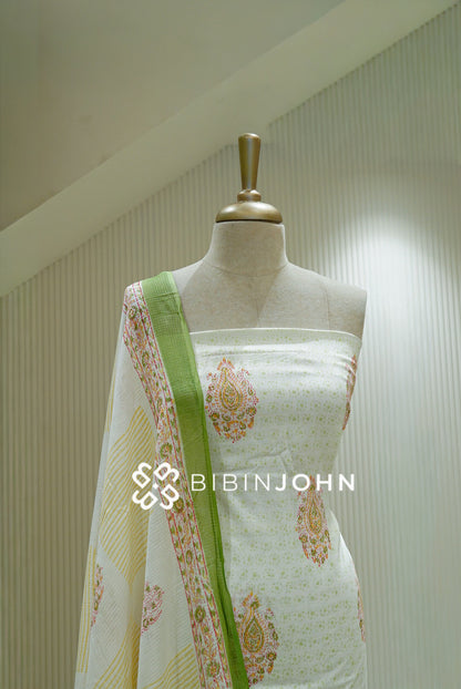 Printed Cotta Unstitched Salwar Suit Material Ivory With Green CLOSE VIEW