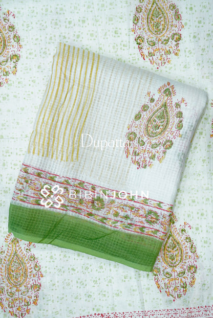 Printed Cotta Unstitched Salwar Suit Material Ivory With Green DUPATTA