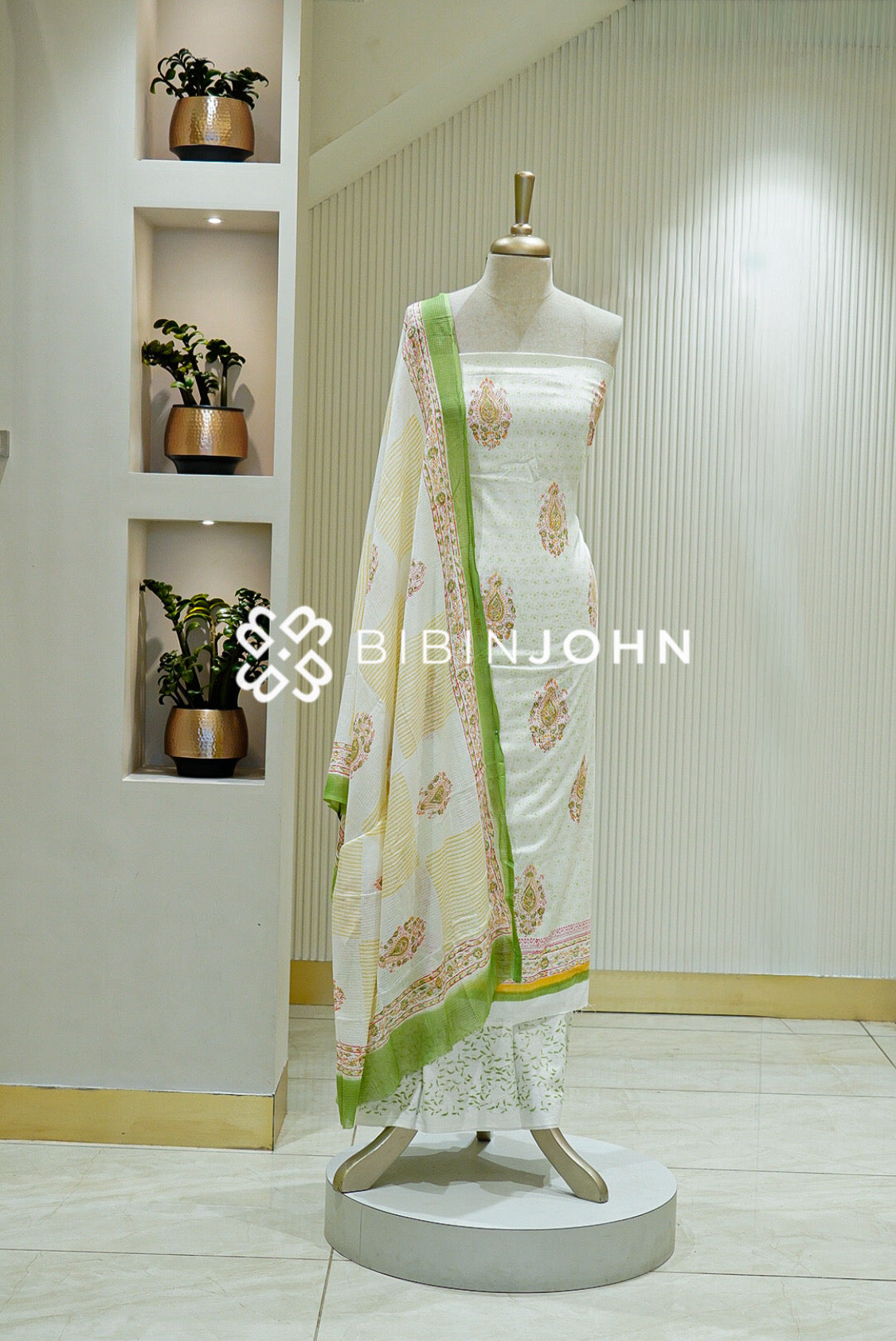 Printed Cotta Unstitched Salwar Suit Material Ivory With Green