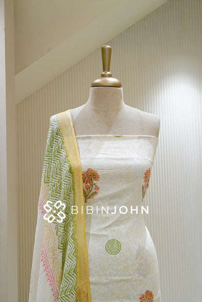 Printed Cotton Unstitched Salwar Suit Material Ivory  CLOSE VIEW