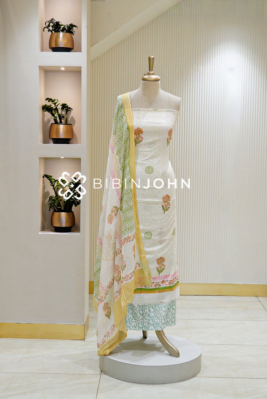 Printed Cotton Unstitched Salwar Suit Material Ivory 