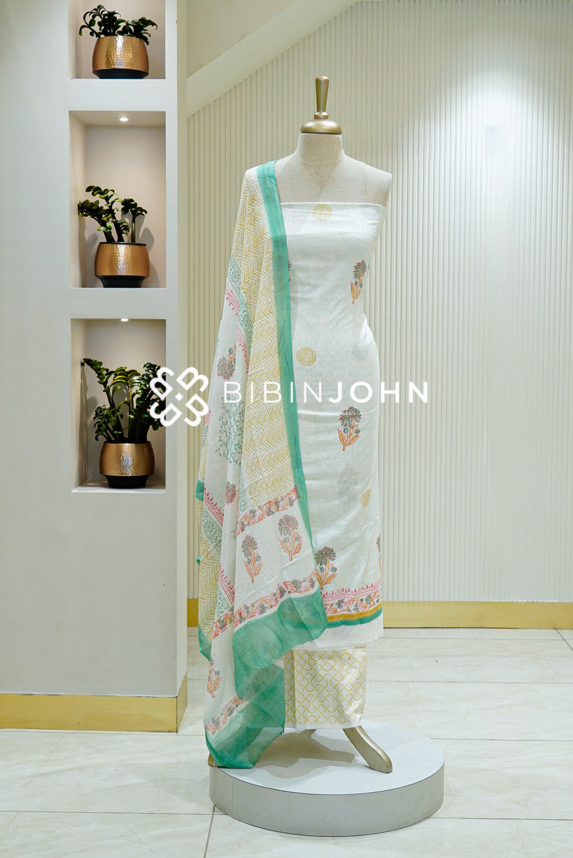 Printed Cotton Unstitched Salwar Suit Material Ivory