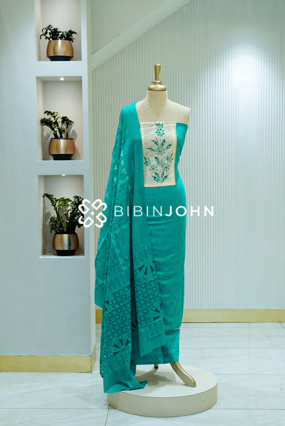 Cotton Unstitched Salwar Suit Material Aqua Turquoise