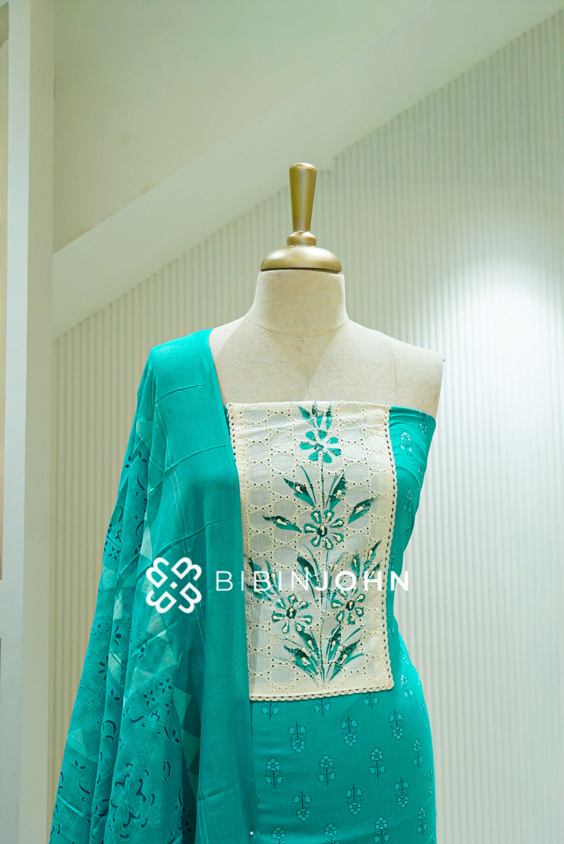 Cotton Unstitched Salwar Suit Material Aqua Turquoise CLOSE VIEW