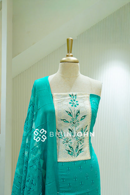 Cotton Unstitched Salwar Suit Material Aqua Turquoise CLOSE VIEW