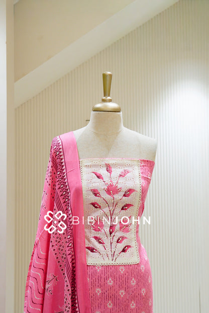 Cotton Unstitched Salwar Suit Material Bright Pink  CLOSE VIEW