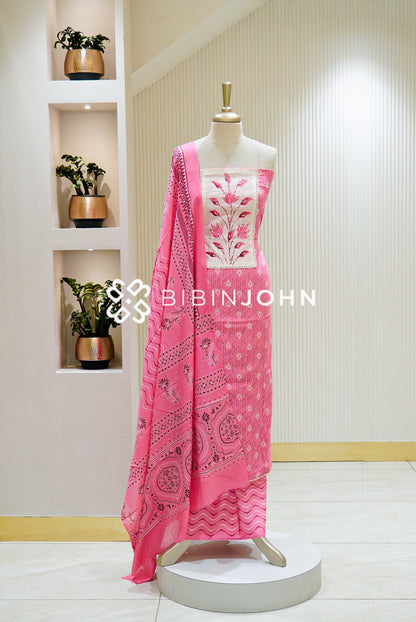 Cotton Unstitched Salwar Suit Material Bright Pink 