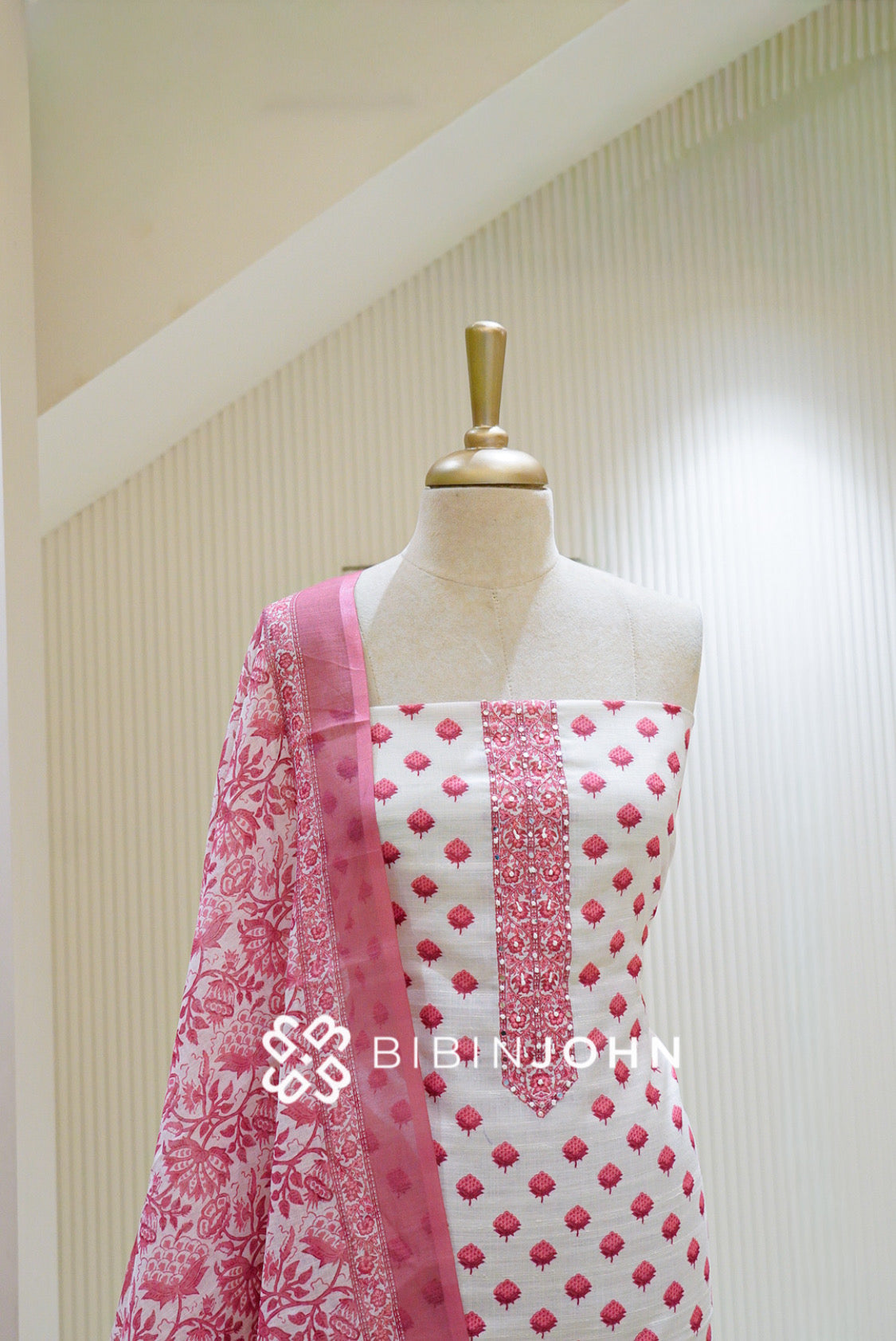 Cotton Embroidery Unstitched Salwar Suit Material White and Pink CLOSE VIEW