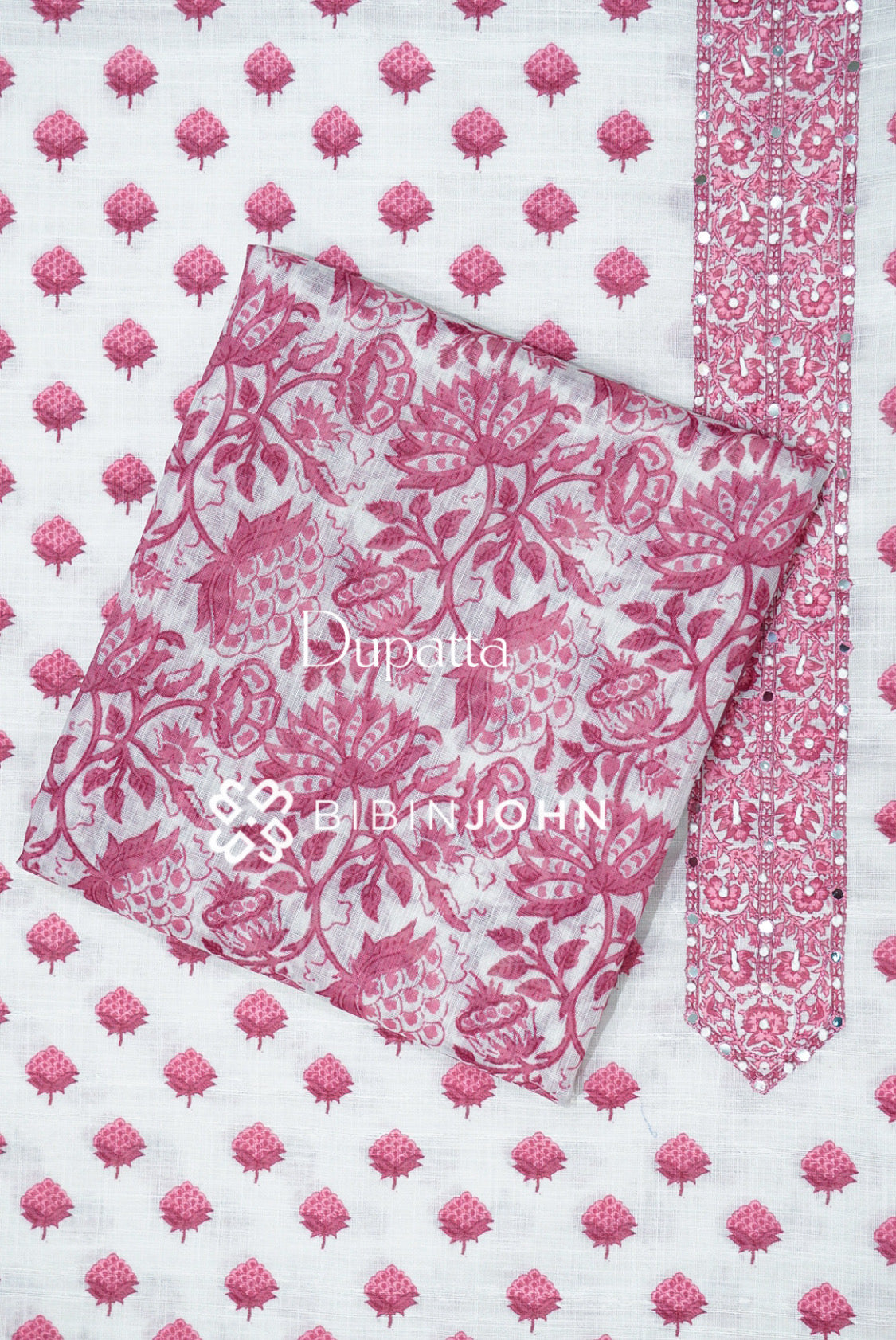 Cotton Embroidery Unstitched Salwar Suit Material White and Pink DUPATTA