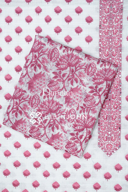 Cotton Embroidery Unstitched Salwar Suit Material White and Pink DUPATTA