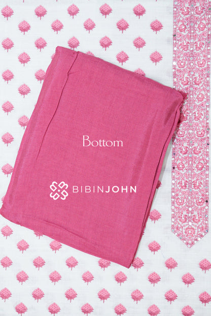 Cotton Embroidery Unstitched Salwar Suit Material White and Pink BOTTOM