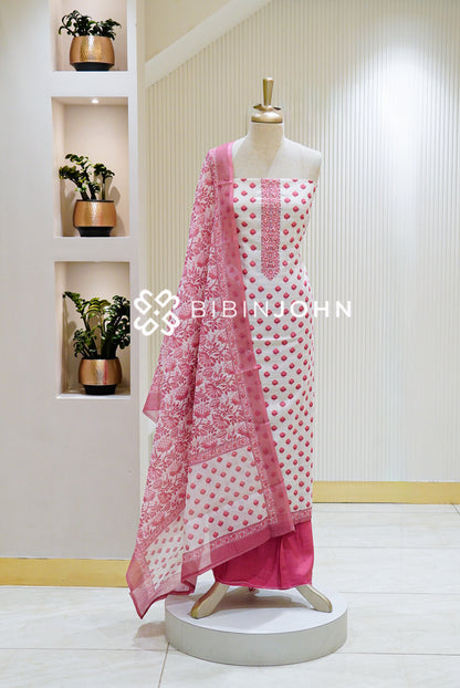 Cotton Embroidery Unstitched Salwar Suit Material White and Pink
