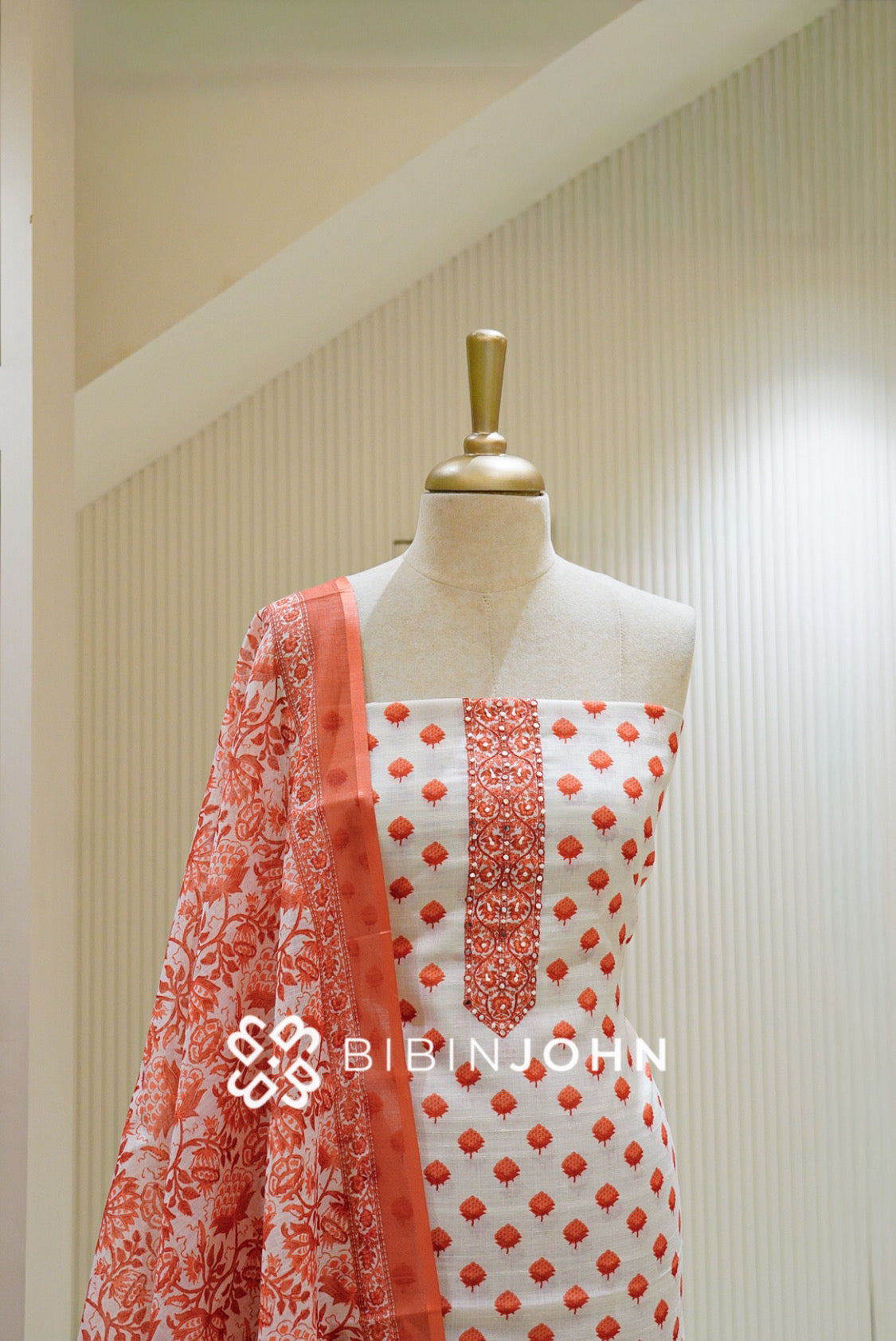 Cotton Embroidery Unstitched Salwar Suit Material White and Rust Orange CLOSE VIEW