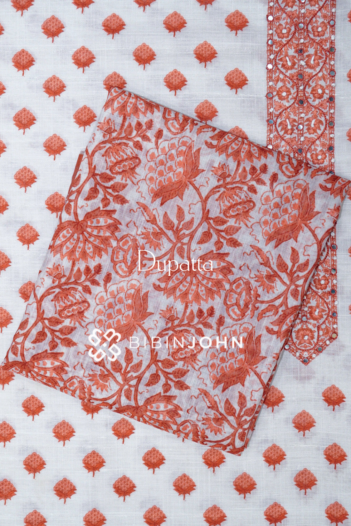 Cotton Embroidery Unstitched Salwar Suit Material White and Rust Orange DUPATTA