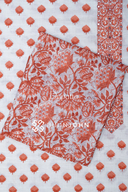 Cotton Embroidery Unstitched Salwar Suit Material White and Rust Orange DUPATTA