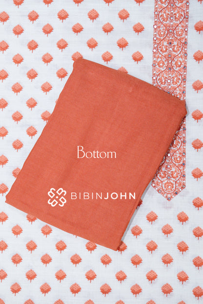 Cotton Embroidery Unstitched Salwar Suit Material White and Rust Orange BOTTOM