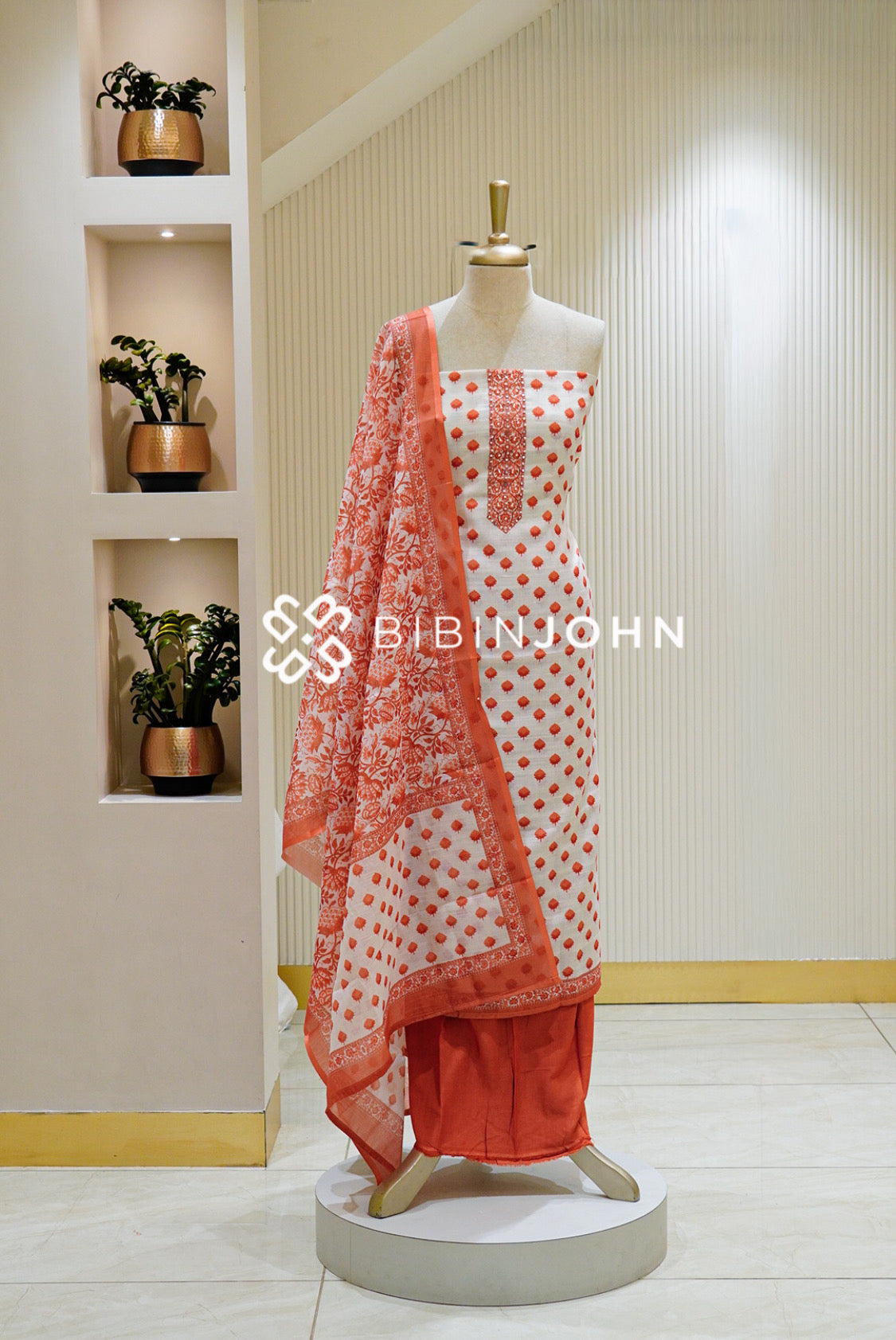 Cotton Embroidery Unstitched Salwar Suit Material White and Rust Orange