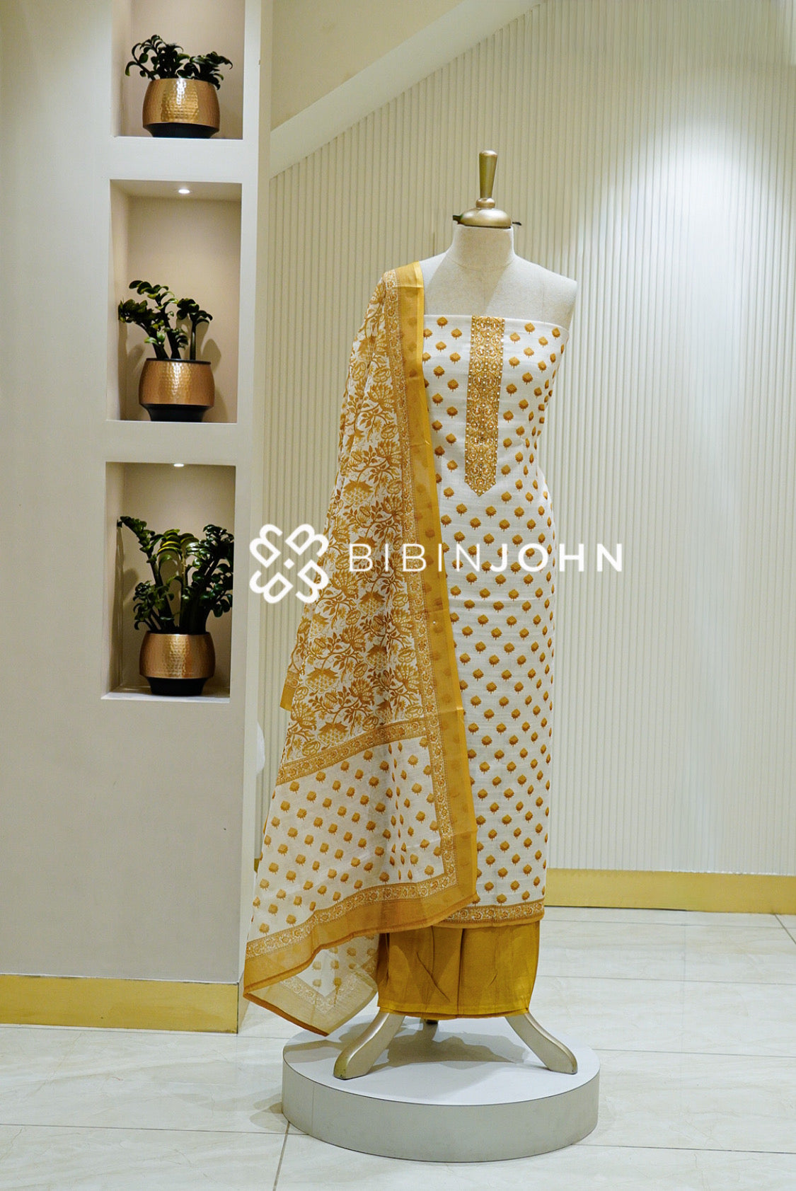 Cotton Embroidery Unstitched Salwar Suit Material White and Mustard Yellow