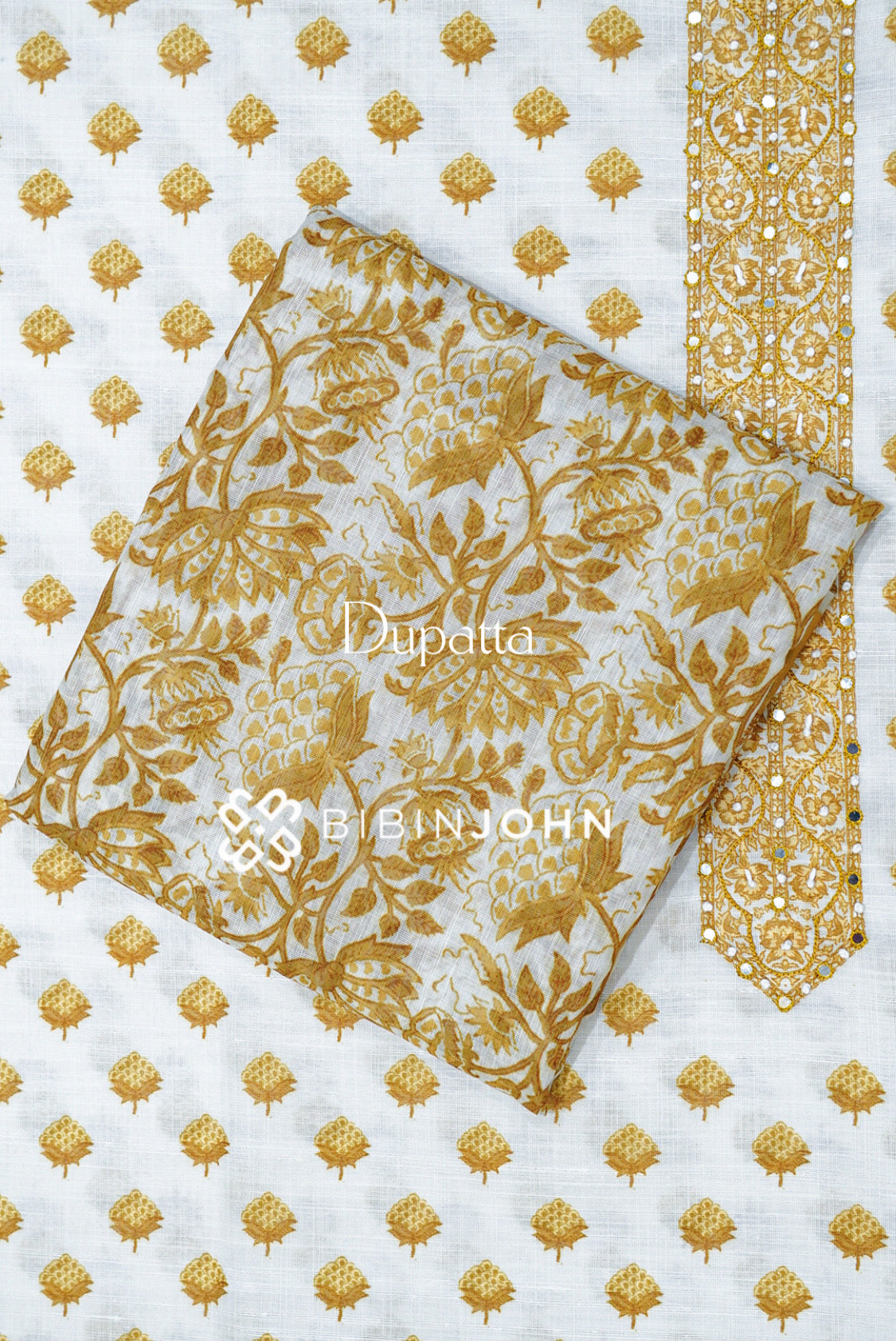 Cotton Embroidery Unstitched Salwar Suit Material White and Mustard Yellow DUPATTA
