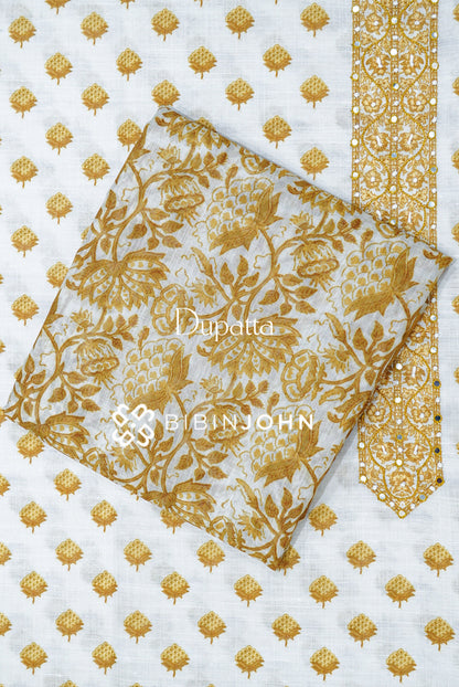 Cotton Embroidery Unstitched Salwar Suit Material White and Mustard Yellow DUPATTA