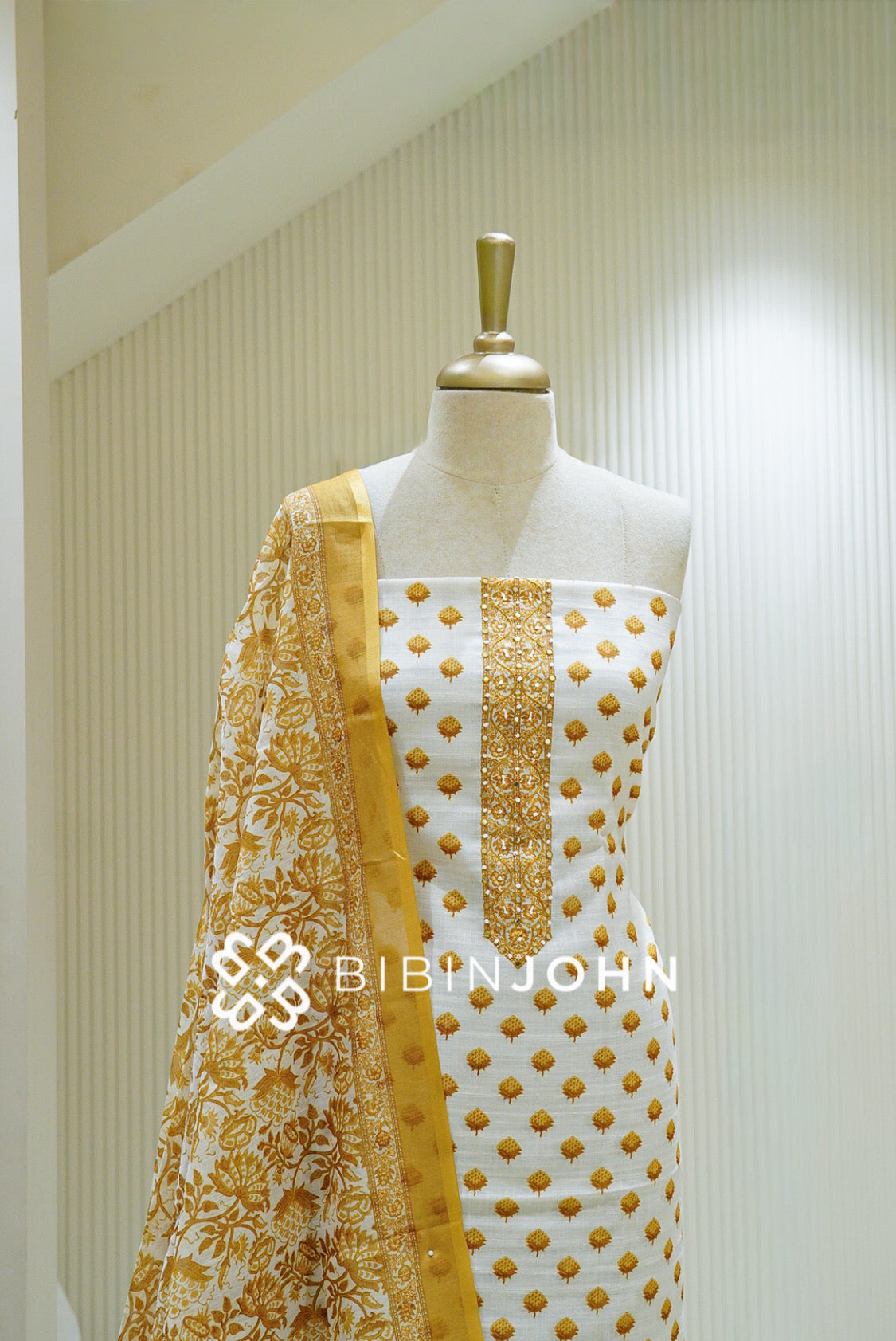 Cotton Embroidery Unstitched Salwar Suit Material White and Mustard Yellow CLOSE VIEW