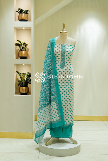 Cotton Embroidery Unstitched Salwar Suit Material White and Turquoise