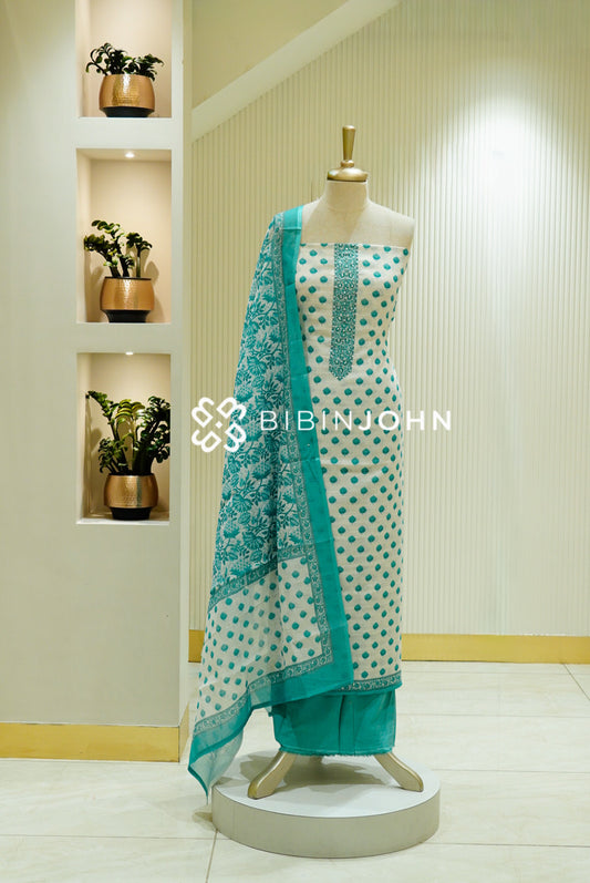 Cotton Embroidery Unstitched Salwar Suit Material White and Turquoise