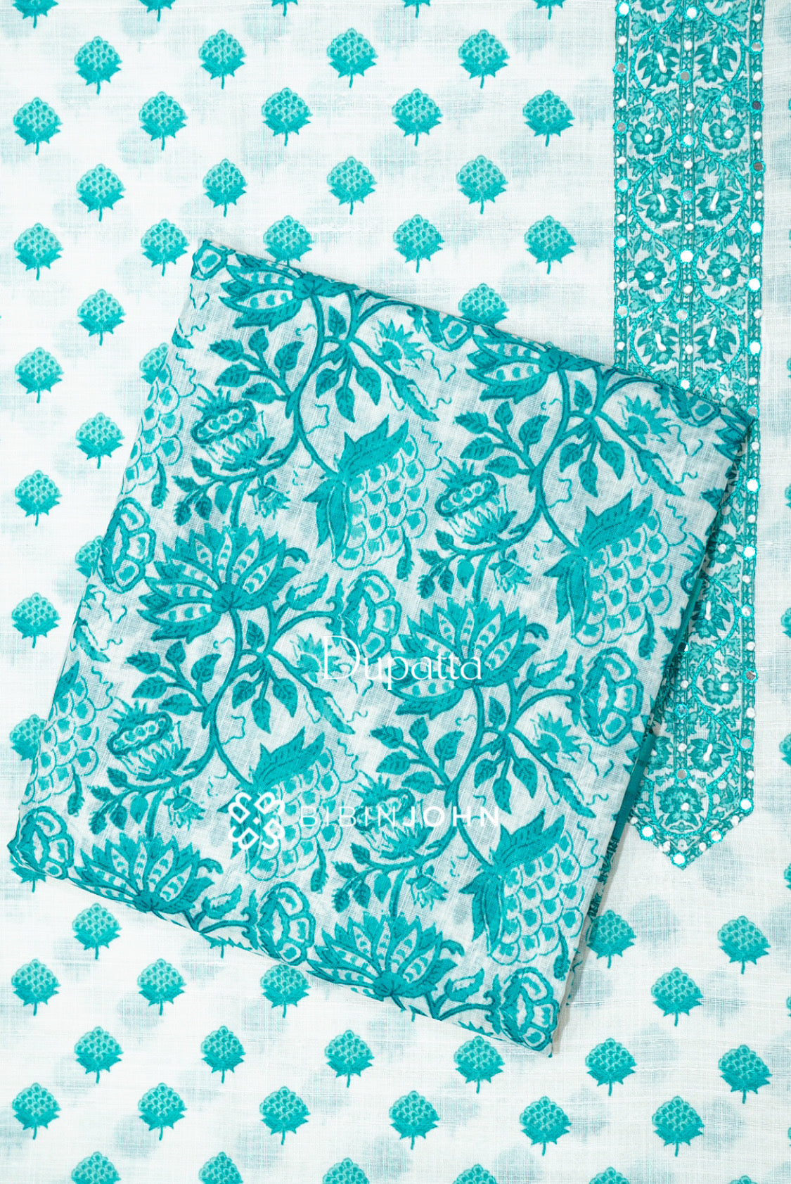Cotton Embroidery Unstitched Salwar Suit Material White and Turquoise DUPATTA