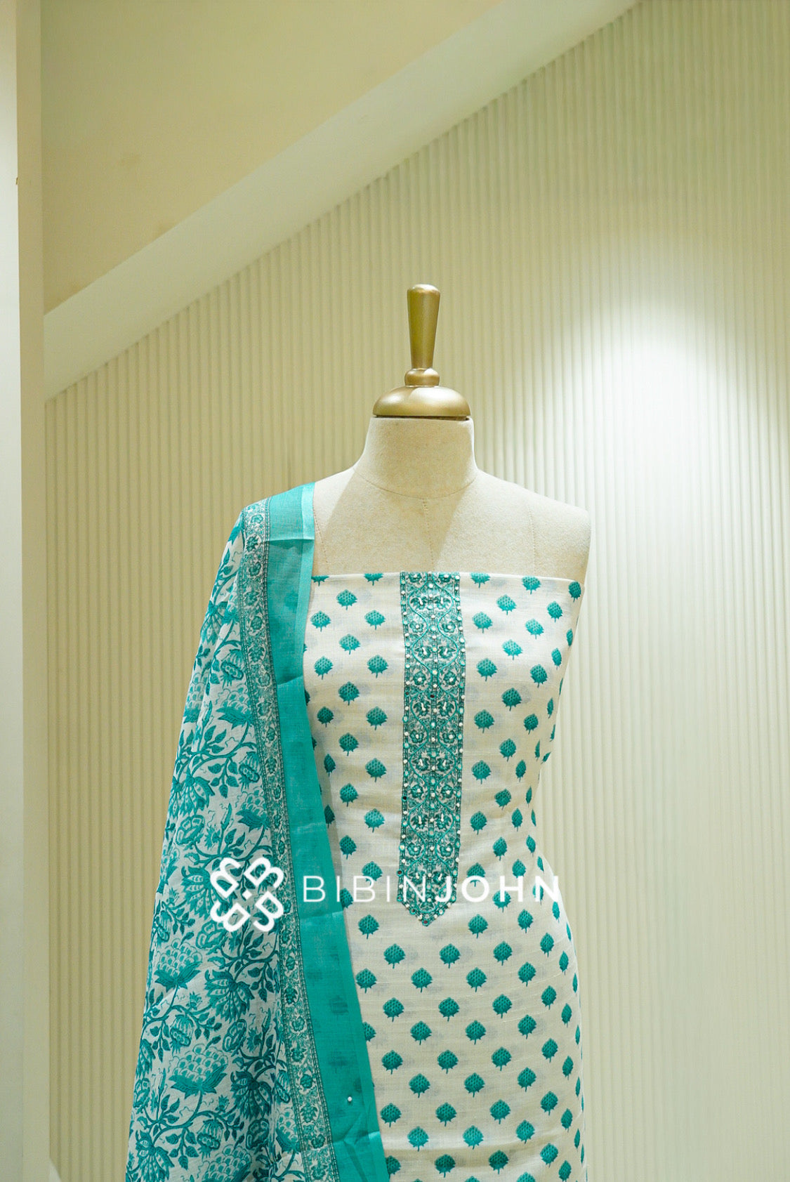Cotton Embroidery Unstitched Salwar Suit Material White and Turquoise CLOSE VIEW
