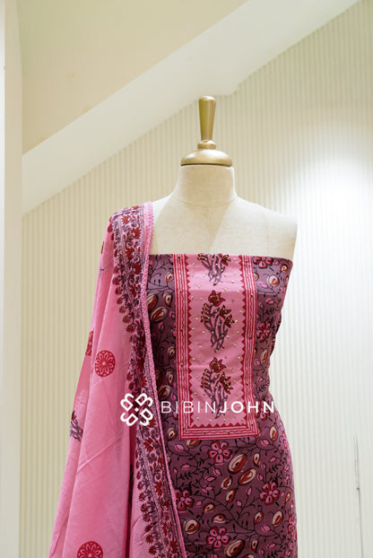 Cotton Embroidery Unstitched Salwar Suit Material Dusty Mauve  CLOSE VIEW