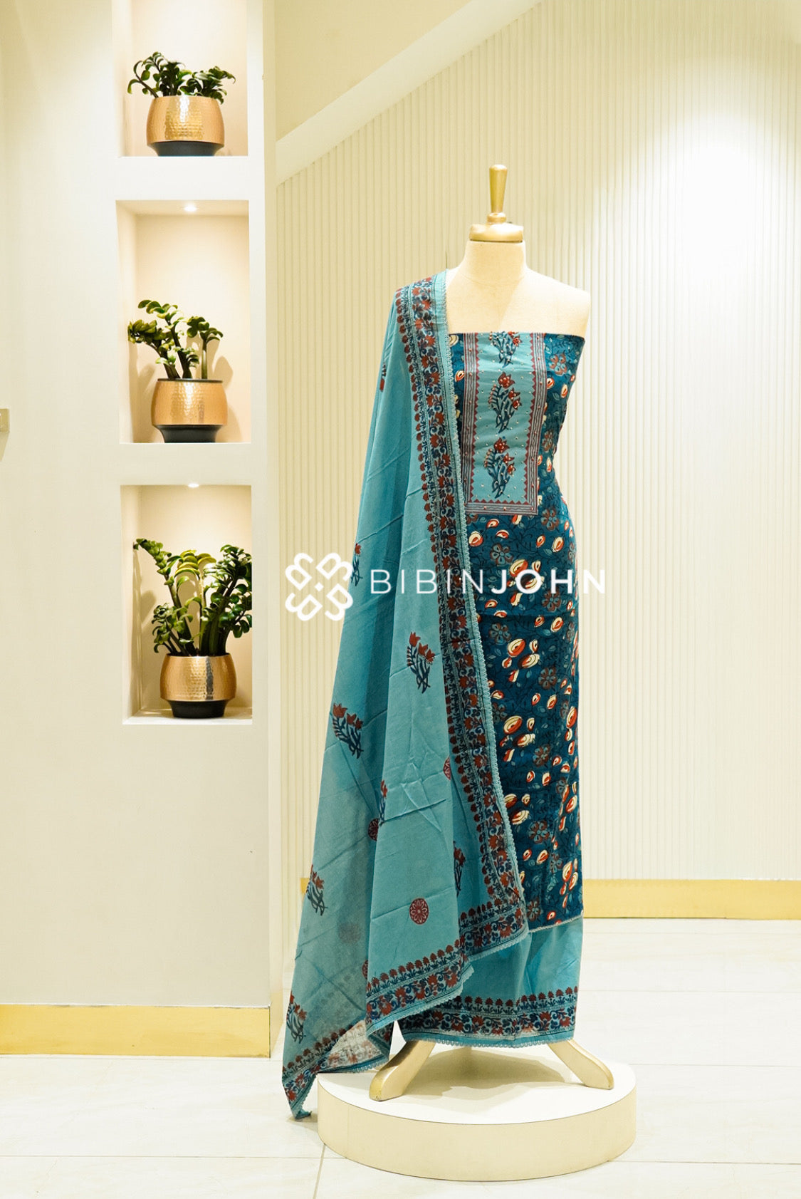 Cotton Embroidery Unstitched Salwar Suit Material Deep Teal Blue 