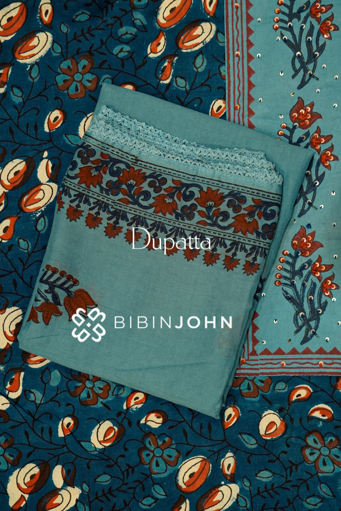Cotton Embroidery Unstitched Salwar Suit Material Deep Teal Blue  DUPATTA